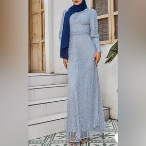 Urban Modesty GRAY LACE RUCHED WAIST LONG SLEEVE GOWN DRESS SIZE S